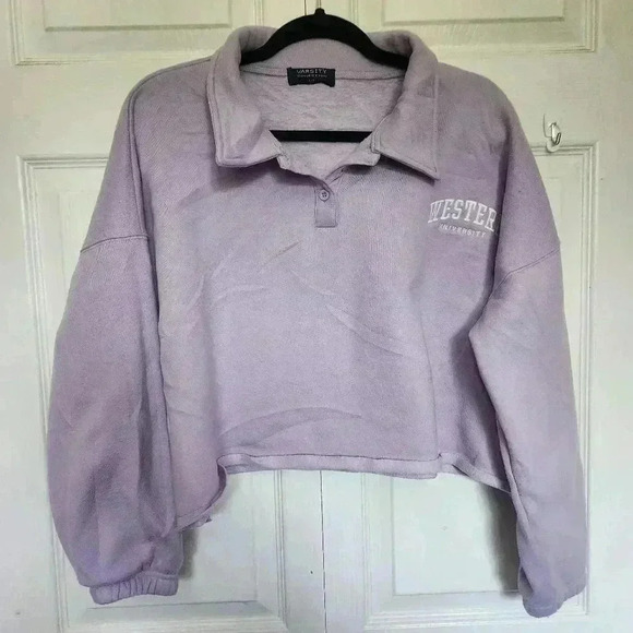 Western University Oversized  Cropped Lilac "Western" Collared Crew Size LG - Picture 8 of 8